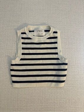 Zara Navy & White Striped Knit Crop Top
